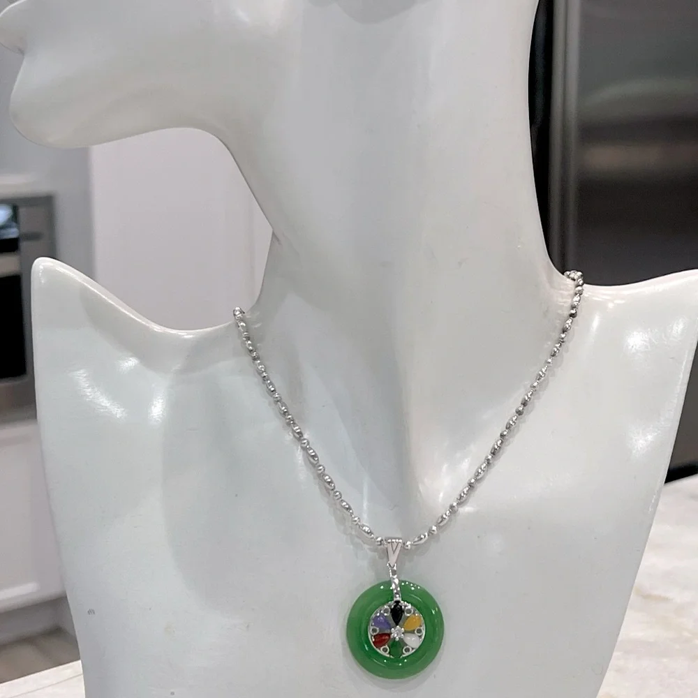 Burmese Multi Jade Zircon Sterling Silver Wheel Pendant  Necklace